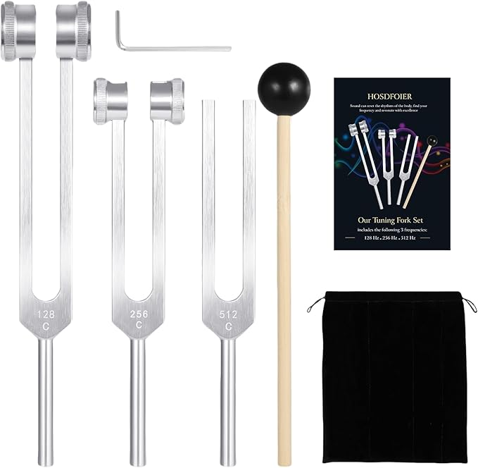 Tuning Forks for Healing Set (128Hz, 256Hz, 512Hz), Weighted Tuning Fork for Sound Therapy/Meditation/Yoga and Chakra with Mallet, Storage Pouch & Instruction Manual (Silvery)