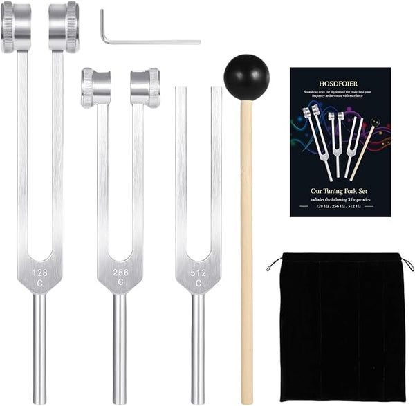 Tuning Forks for Healing Set (128Hz, 256Hz, 512Hz), Weighted Tuning Fork for Sound Therapy/Meditation/Yoga and Chakra with Mallet, Storage Pouch & Instruction Manual (Silvery)
