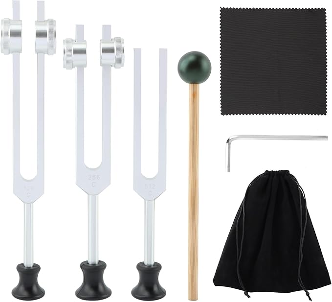 Tuning Forks for Healing 3-Piece Set -128/256/512Hz & Reflex Hammer, Sound Therapy Tools for Yoga, Meditation & Chakra Balancing