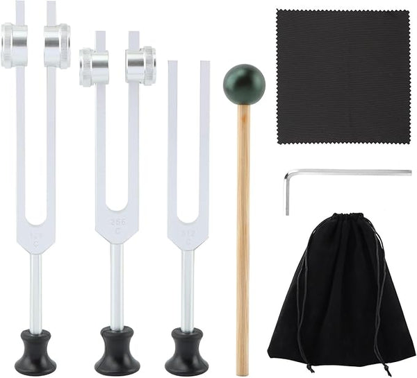 Tuning Forks for Healing 3-Piece Set -128/256/512Hz & Reflex Hammer, Sound Therapy Tools for Yoga, Meditation & Chakra Balancing