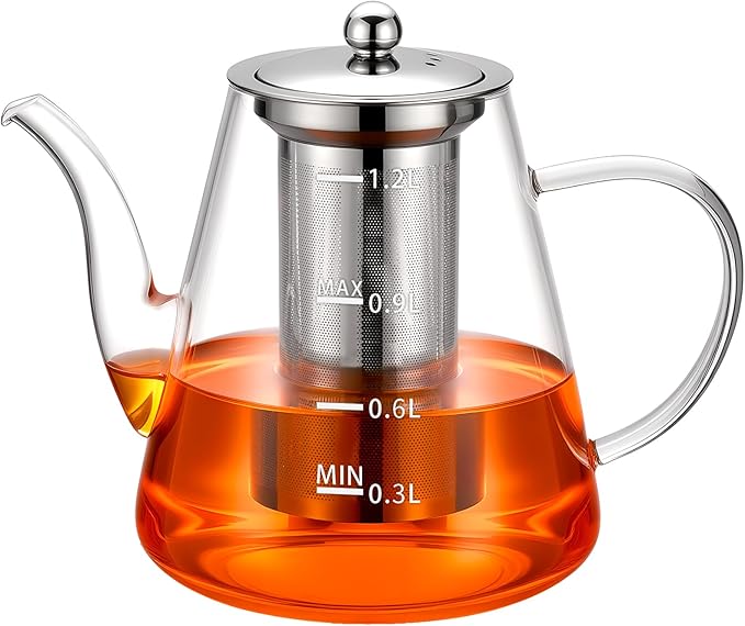 PARACITY Glass Teapot Stovetop, Borosilicate Clear Tea Kettle with Removable 18/8 Stainless Steel Infuser, Teapot Blooming and Loose Leaf Tea Maker Tea Brewer for Camping (transparent, 1200ml-scale)