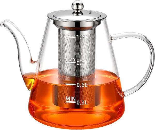 PARACITY Glass Teapot Stovetop, Borosilicate Clear Tea Kettle with Removable 18/8 Stainless Steel Infuser, Teapot Blooming and Loose Leaf Tea Maker Tea Brewer for Camping (transparent, 1200ml-scale)